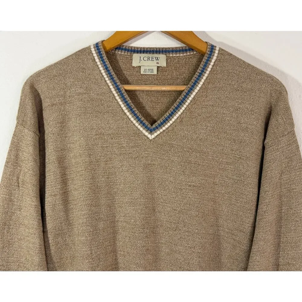 J.Crew Men’s Merino Wool Cotton V-Neck Sweater Tan Brown Blue Trim XL